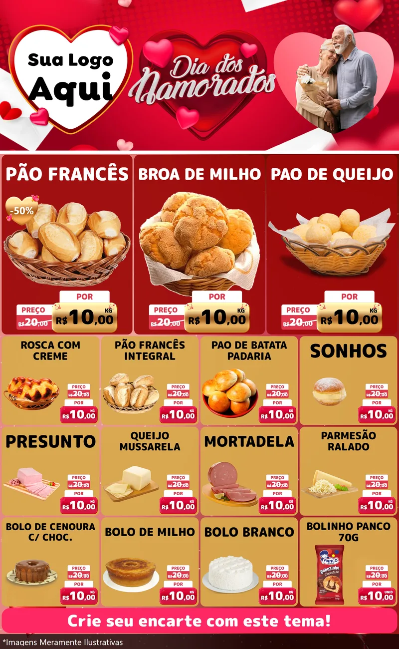 Modelo de Encarte para Encarte Grande com o tema Dia Dos Namorados para Padaria