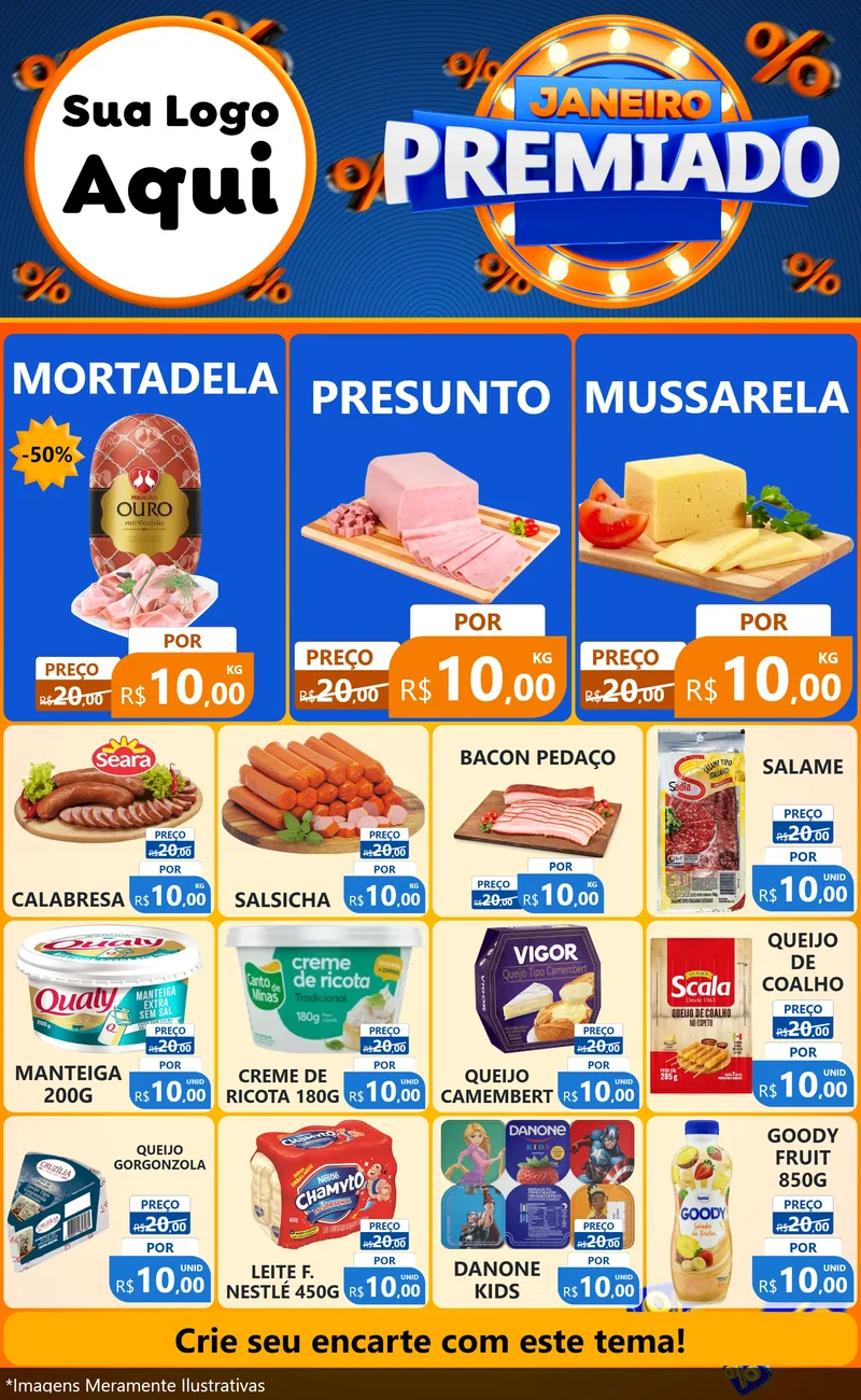 Modelo de Encarte para Encarte Grande com o tema Janeiro Premiado para Frios e Laticínios
