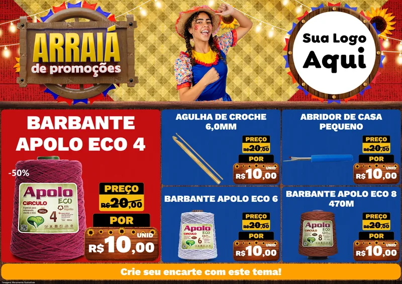 Modelo de Encarte para Encarte A4 Horizontal com o tema Arraiá de Promoções para Armarinho e Aviamentos