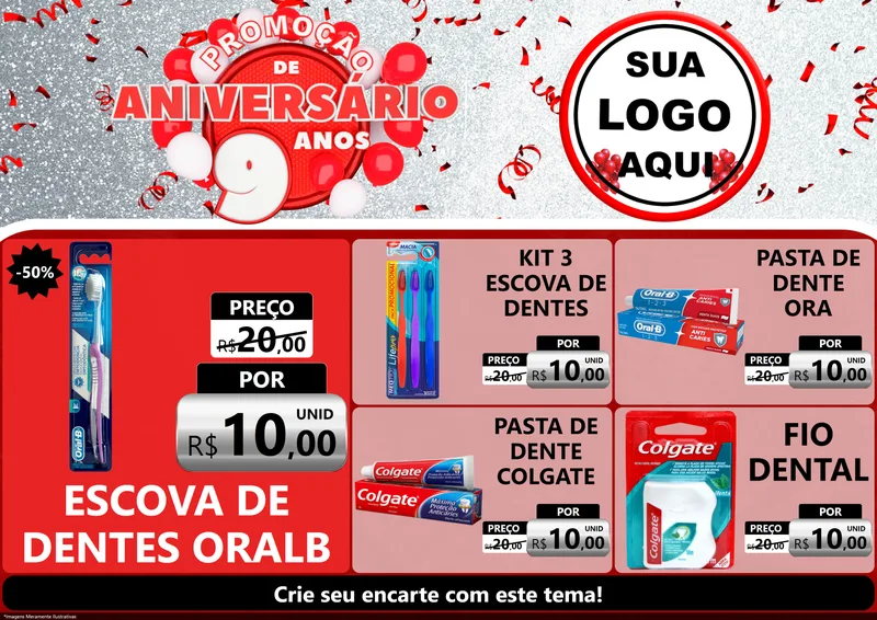Modelo de Encarte para Encarte A4 Horizontal com o tema Promoção de Aniversário - 9 Anos para Higiene Pessoal
