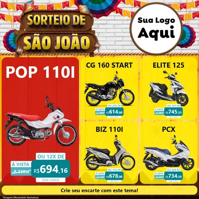 Modelo de Rede Social para Feed Facebook com o tema Sorteio de São João para Concessionaria de Motos