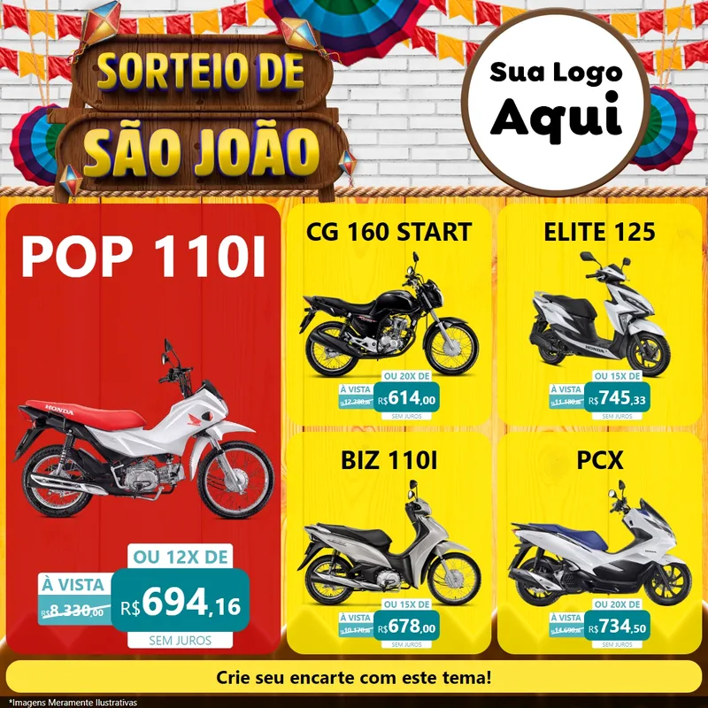 Modelo de Rede Social para Feed Facebook com o tema Sorteio de São João para Concessionaria de Motos