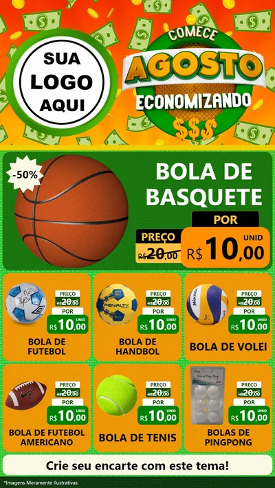 Modelo de Rede Social para Stories com o tema Comece Agosto Economizando para Artigos Esportivos