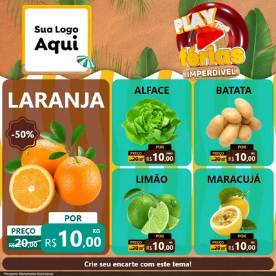 Modelo de Rede Social para Feed Facebook com o tema Play Nas Férias Imperdível para Hortifrúti