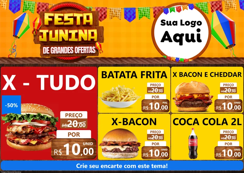 Modelo de Encarte para Encarte A4 Horizontal com o tema Festa Junina de Grandes Ofertas para Hamburgueria