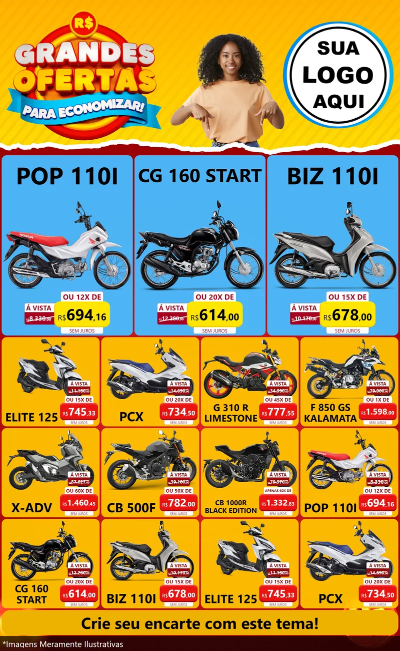 Modelo de Encarte para Encarte Grande com o tema Grandes Ofertas Para Economizar! para Concessionaria de Motos