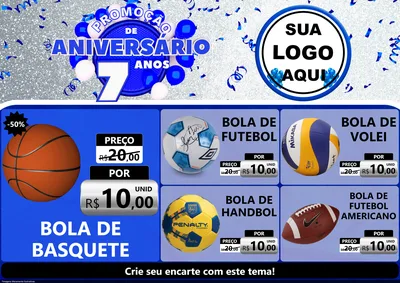 Modelo de Encarte para Encarte A4 Horizontal com o tema Promoção de Aniversário - 7 Anos para Artigos Esportivos