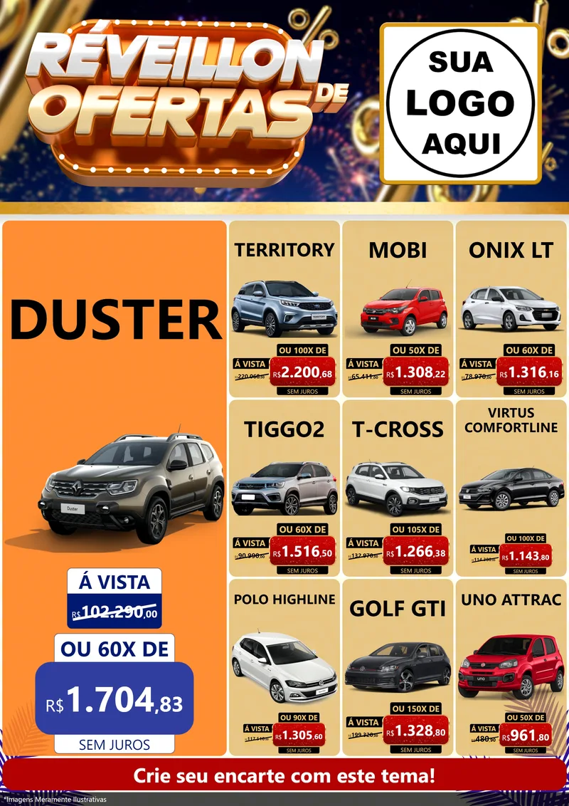 Modelo de Encarte para Encarte A4 Vertical com o tema Réveillon de Ofertas para Concessionaria de Carros