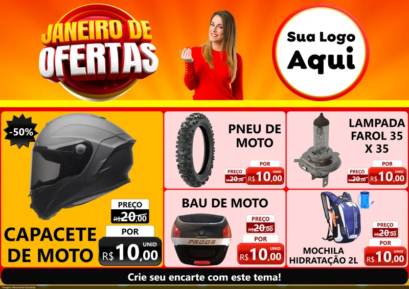 Modelo de Encarte para Encarte A4 Horizontal com o tema Janeiro de Ofertas para Moto peças
