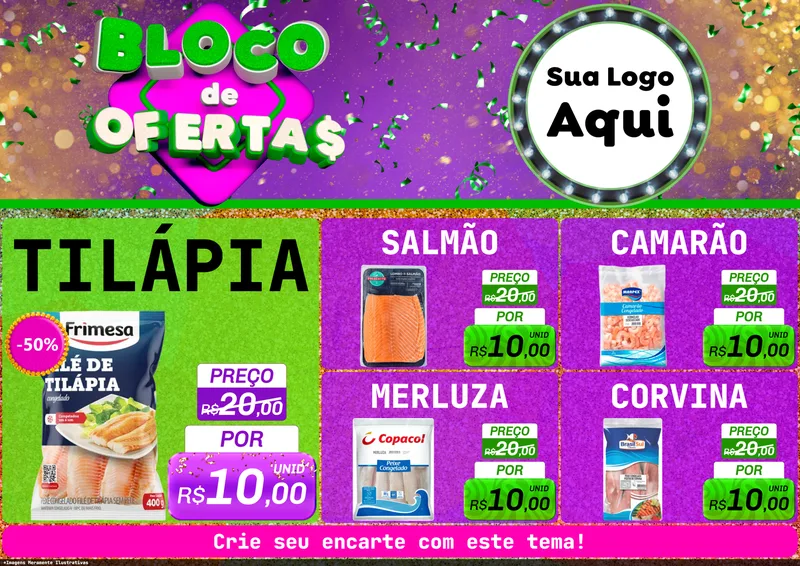 Modelo de Encarte para Encarte A4 Horizontal com o tema Bloco de Ofertas para Peixaria