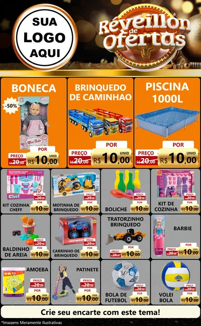 Modelo de Encarte para Encarte Grande com o tema Réveillon de Ofertas para Brinquedos