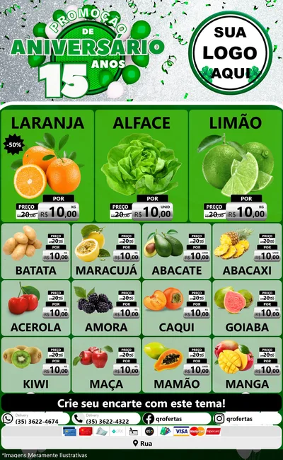 Modelo de Encarte para Encarte Grande com o tema Promoção de Aniversário - 15 Anos para Hortifrúti