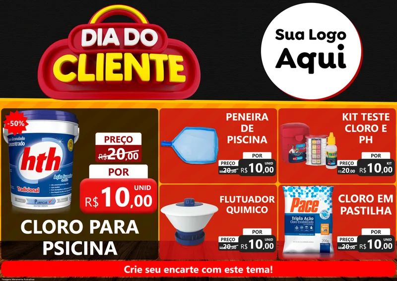 Modelo de Encarte para Encarte A4 Horizontal com o tema Dia do Cliente para Produtos para Piscina