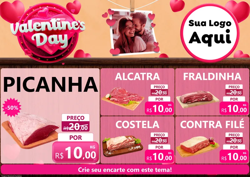 Modelo de Encarte para Encarte A4 Horizontal com o tema Valentine's Day para Açougue