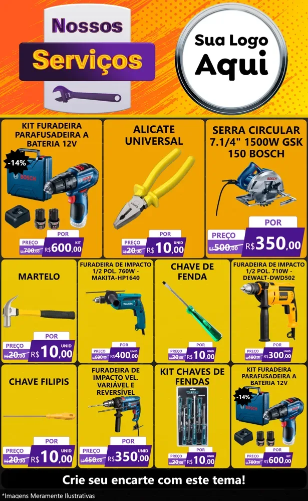 Modelo de Encarte para Encarte Grande com o tema Nossos Serviços para Maquinas e Ferramentas