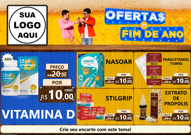Modelo de Encarte para Encarte A4 Horizontal com o tema Ofertas de Fim de Ano para Farmácia