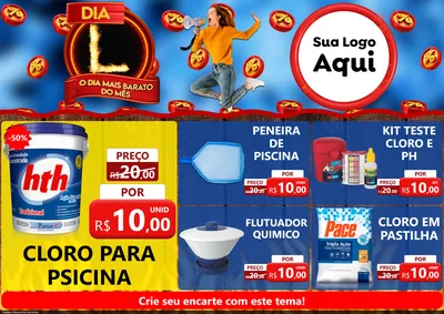 Modelo de Encarte para Encarte A4 Horizontal com o tema Dia L - O Dia Mais Barato Do Mês para Produtos para Piscina