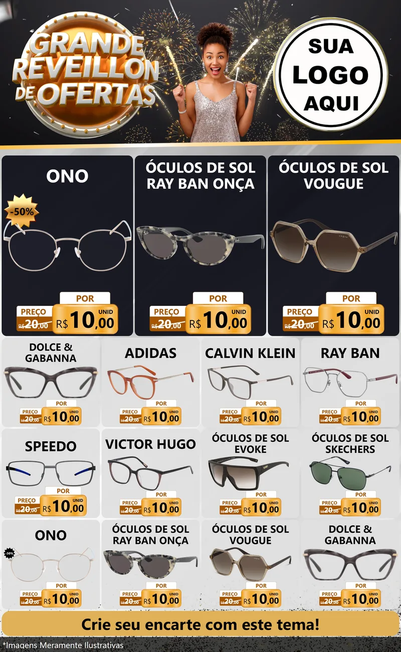 Modelo de Encarte para Encarte Grande com o tema Grande Réveillon de Ofertas para Óticas