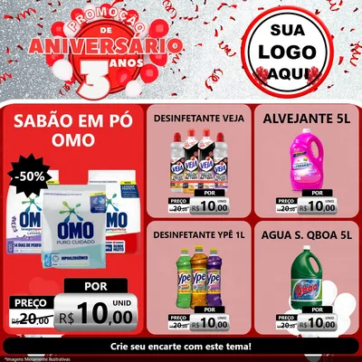 Modelo de Rede Social para Feed Facebook com o tema Promoção de Aniversário - 3 Anos para Produtos de Limpeza
