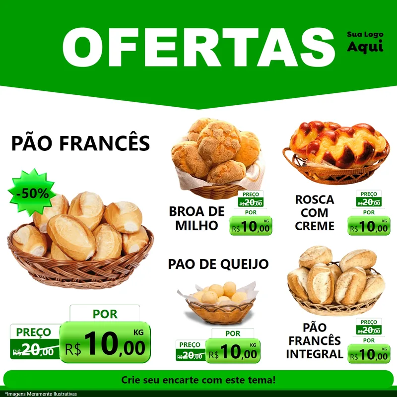 Modelo de Rede Social para Feed Facebook com o tema Ofertas Verde Cartaz para Padaria