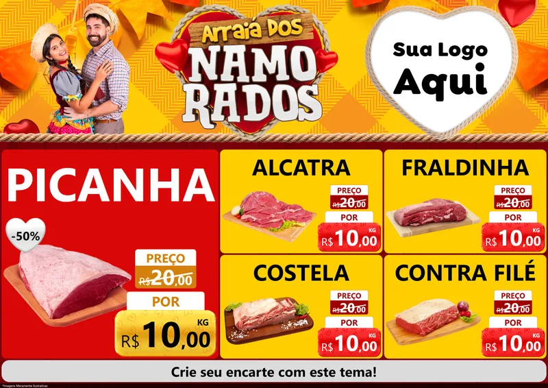 Modelo de Encarte para Encarte A4 Horizontal com o tema Arraiá dos Namorados para Açougue
