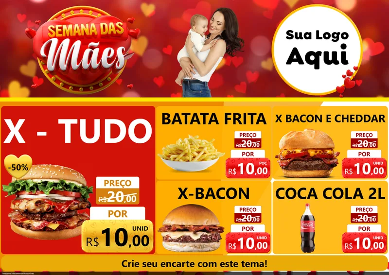 Modelo de Encarte para Encarte A4 Horizontal com o tema Semana das Mães para Hamburgueria