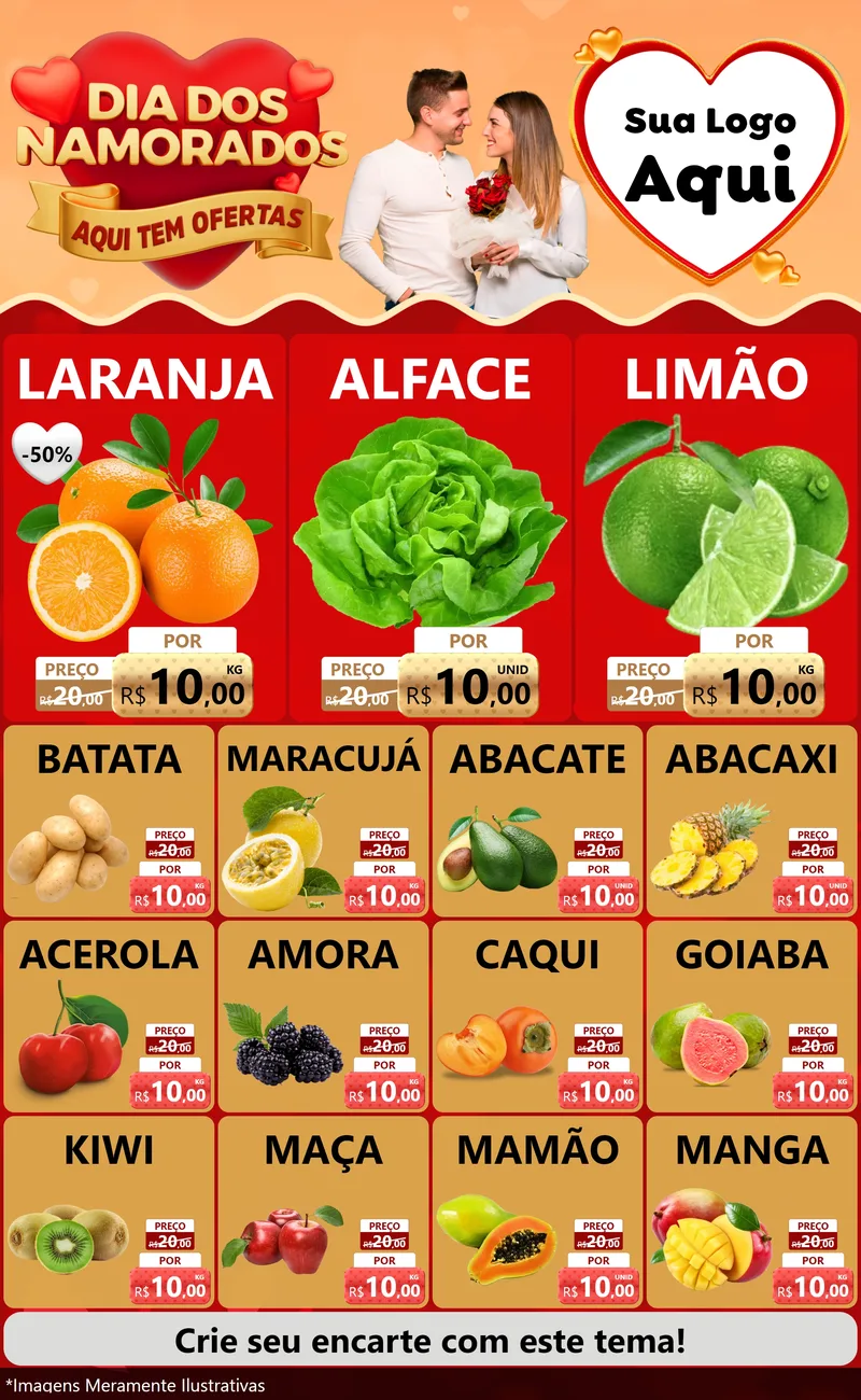 Modelo de Encarte para Encarte Grande com o tema Dia dos Namorados - Aqui Tem Ofertas para Hortifrúti