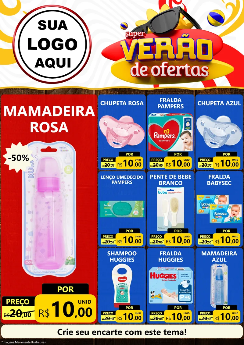 Modelo de Encarte para Encarte A4 Vertical com o tema Super Verão de Ofertas para Bebês
