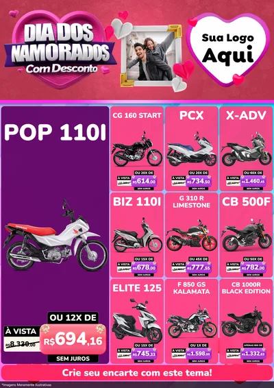 Modelo de Encarte para Encarte A4 Vertical com o tema Dia Dos Namorados Com Desconto para Concessionaria de Motos
