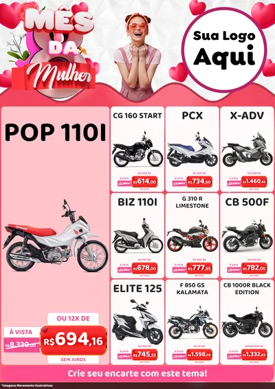 Modelo de Encarte para Encarte A4 Vertical com o tema Mês da Mulher para Concessionaria de Motos