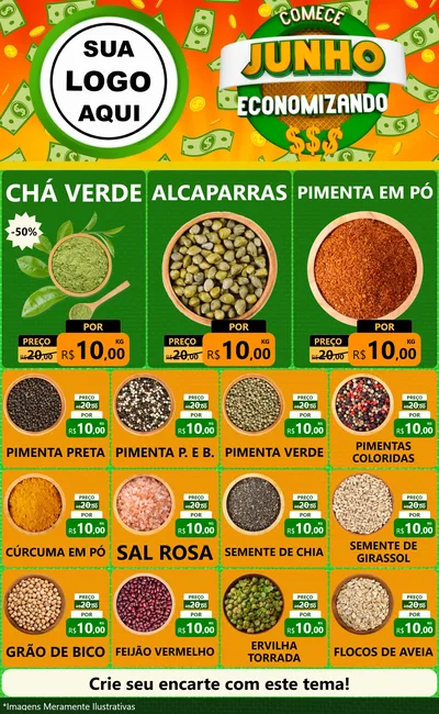 Modelo de Encarte para Encarte Grande com o tema Comece Junho Economizando para Produtos Naturais