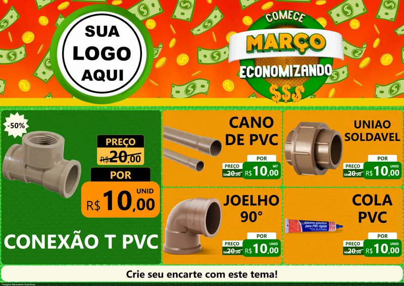 Modelo de Encarte para Encarte A4 Horizontal com o tema Comece Março Economizando para Tubos e conexões