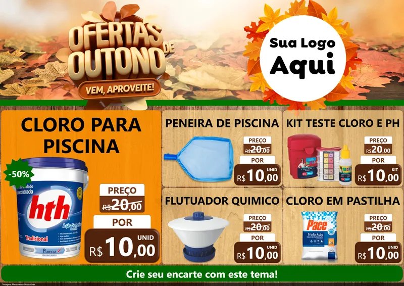 Modelo de Encarte para Encarte A4 Horizontal com o tema Ofertas de Outono - Vem, Aproveite! para Produtos para Piscina