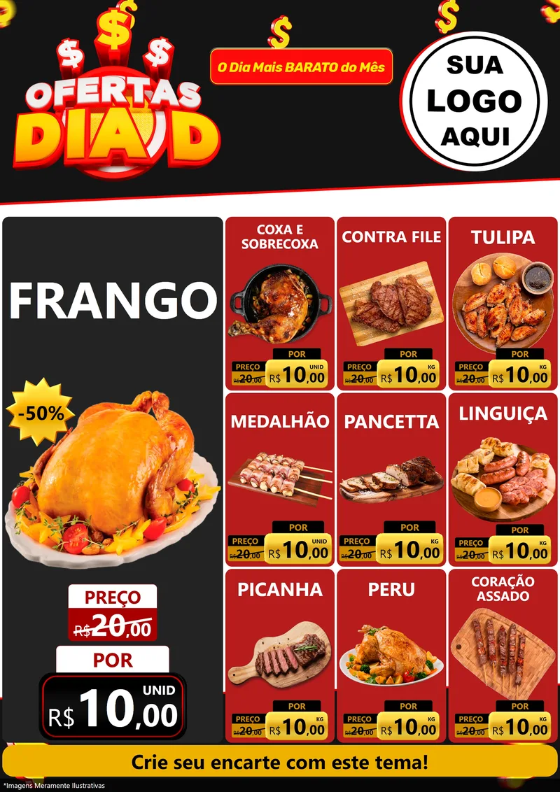 Modelo de Encarte para Encarte A4 Vertical com o tema Ofertas Dia D para Assados
