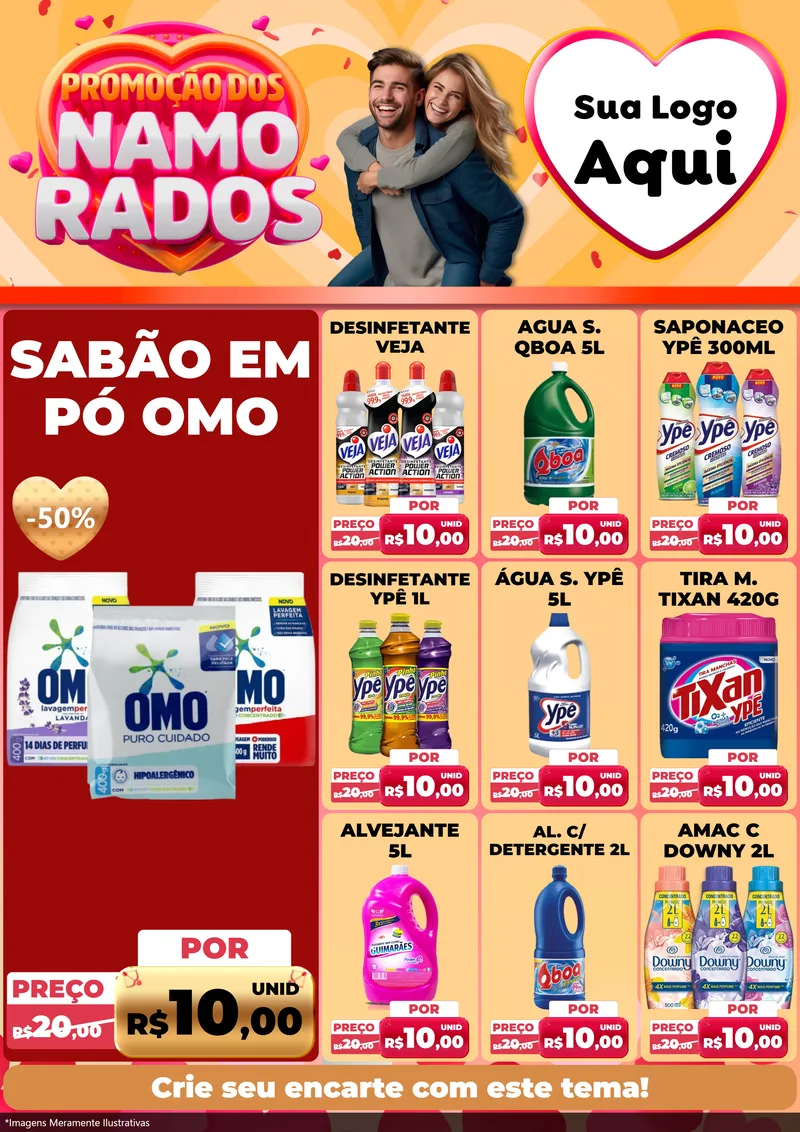 Modelo de Encarte para Encarte A4 Vertical com o tema Promoção dos Namorados para Produtos de Limpeza