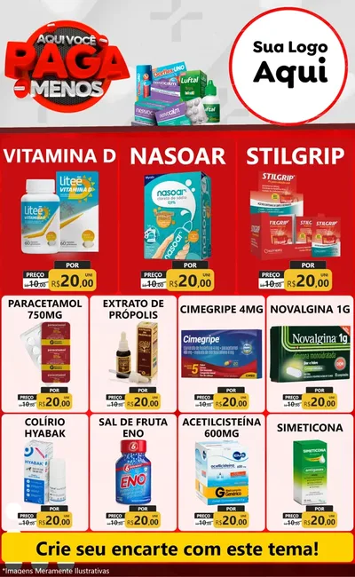 Modelo de Encarte para Encarte Grande com o tema Aqui você paga menos para Farmácia