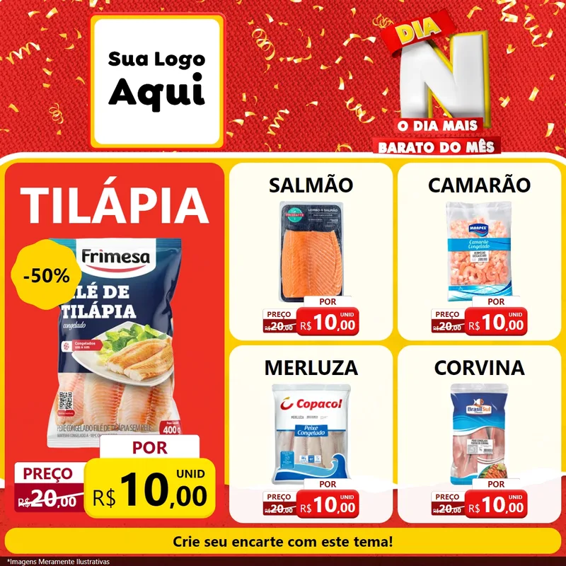 Modelo de Rede Social para Feed Facebook com o tema Dia N o Dia Mais Barato do Mês para Peixaria