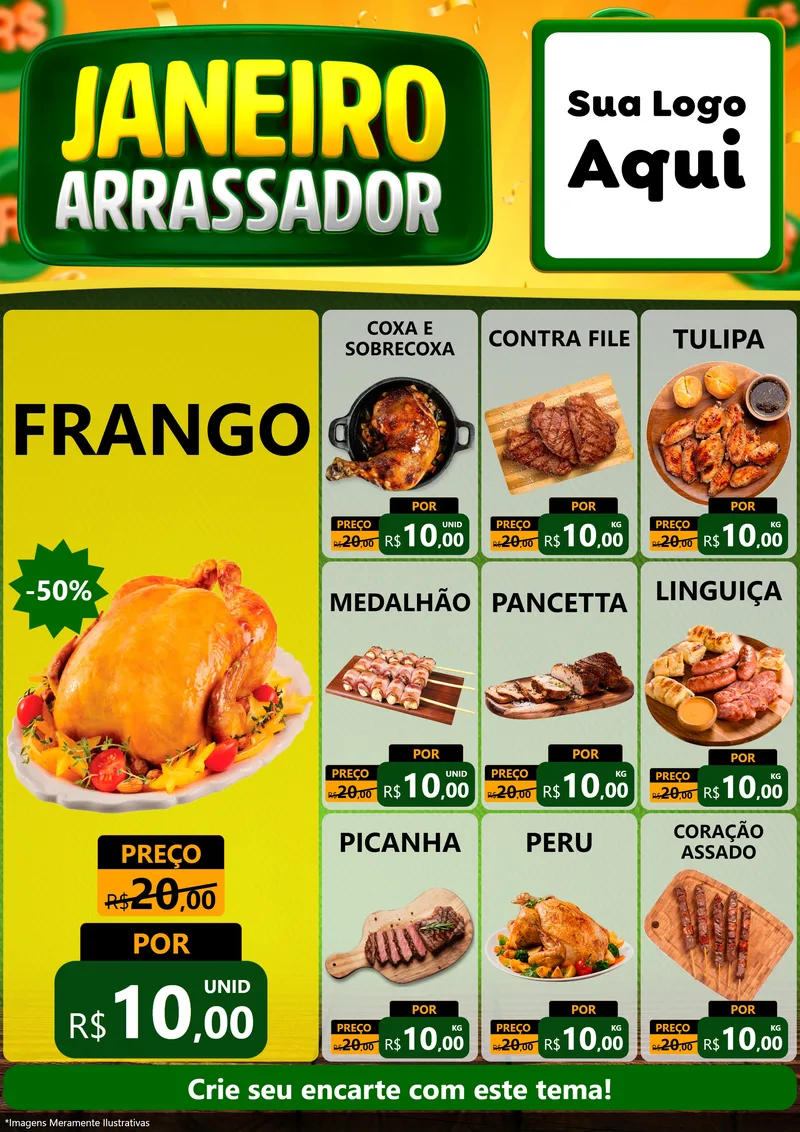 Modelo de Encarte para Encarte A4 Vertical com o tema Janeiro Arrasador para Assados