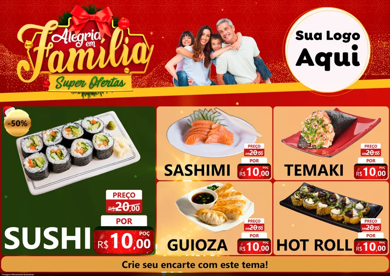 Modelo de Encarte para Encarte A4 Horizontal com o tema Alegria em Família Super Ofertas - Natal para Comida japonesa