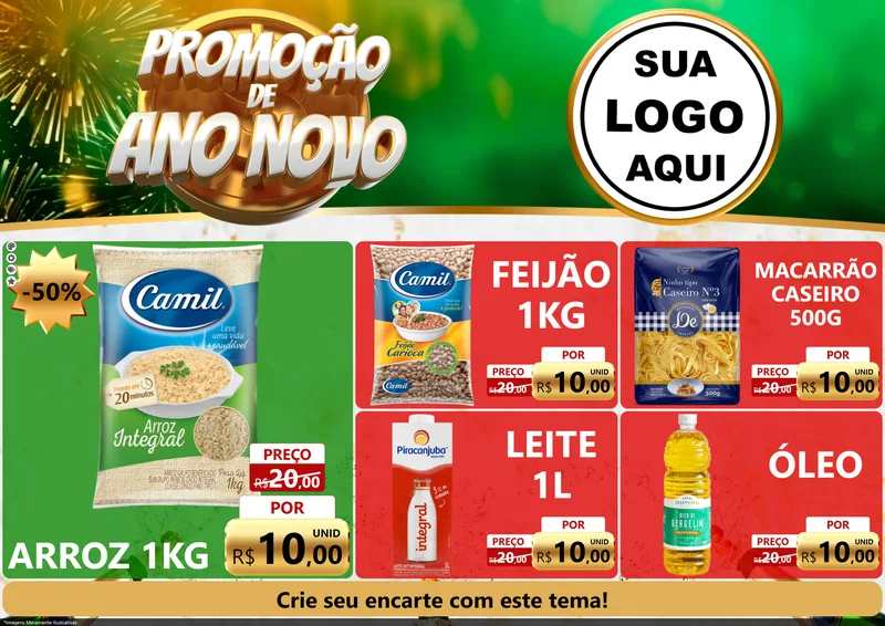 Modelo de Encarte para Encarte A4 Horizontal com o tema Promoção de Ano Novo para Supermercado