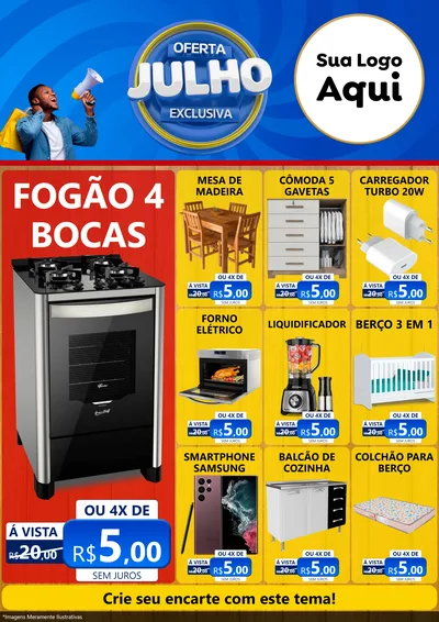 Modelo de Encarte para Encarte A4 Vertical com o tema Oferta Exclusiva, Julho para Móveis e Eletro