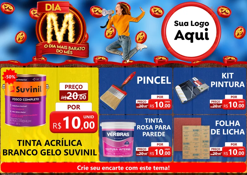 Modelo de Encarte para Encarte A4 Horizontal com o tema Dia M - O Dia Mais Barato Do Mês para Tintas e Ferramentas