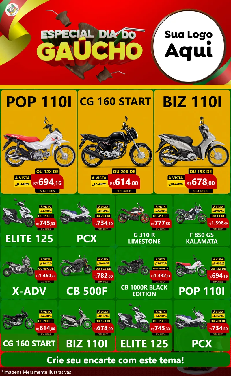 Modelo de Encarte para Encarte Grande com o tema Especial Dia do Gaúcho para Concessionaria de Motos