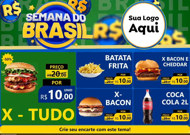 Modelo de Encarte para Encarte A4 Horizontal com o tema Semana Do Brasil para Hamburgueria
