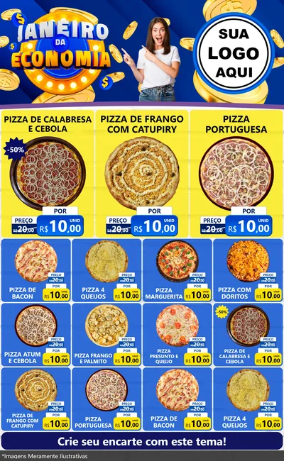 Modelo de Encarte para Encarte Grande com o tema Janeiro da Economia para Pizzaria