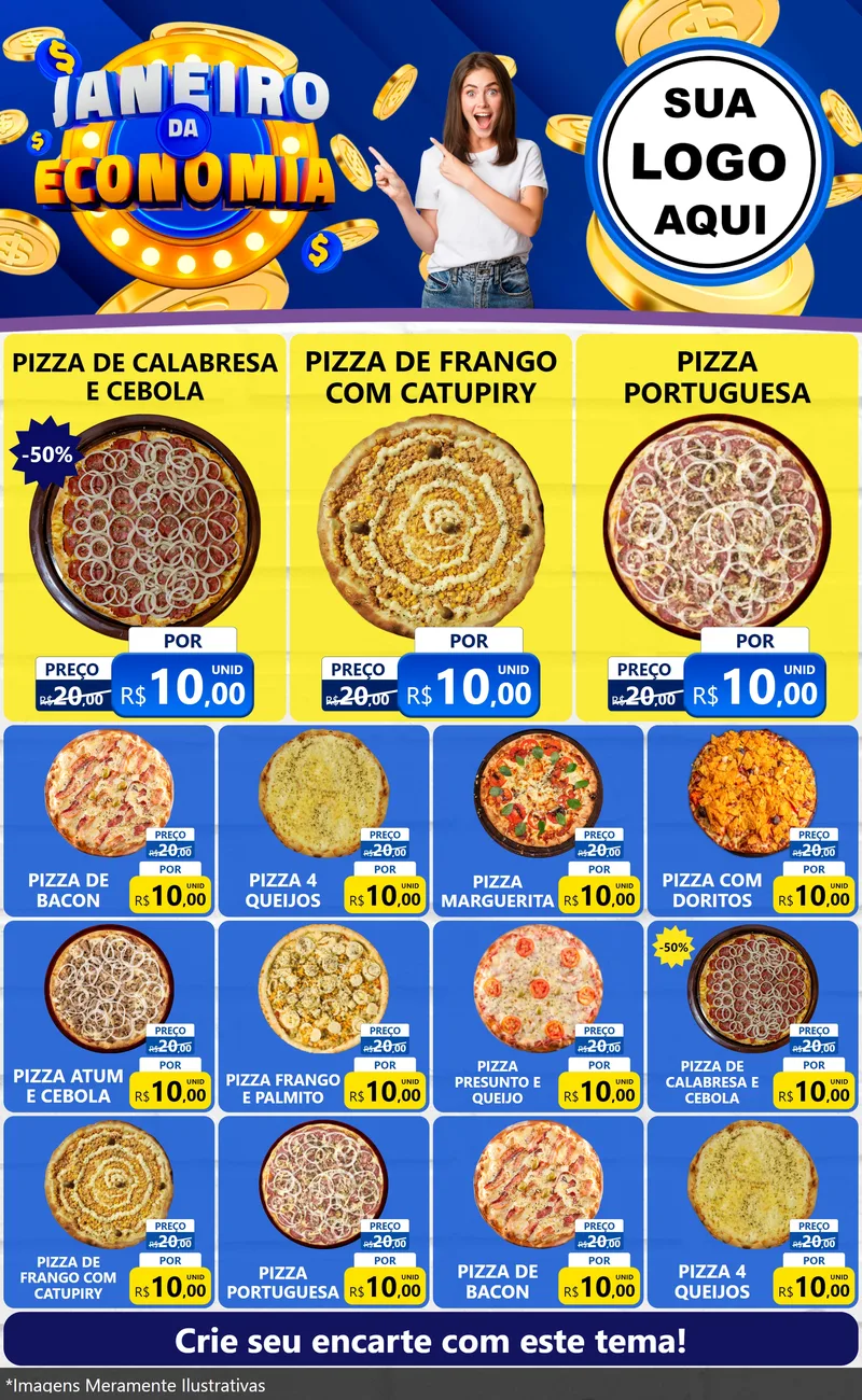 Modelo de Encarte para Encarte Grande com o tema Janeiro da Economia para Pizzaria