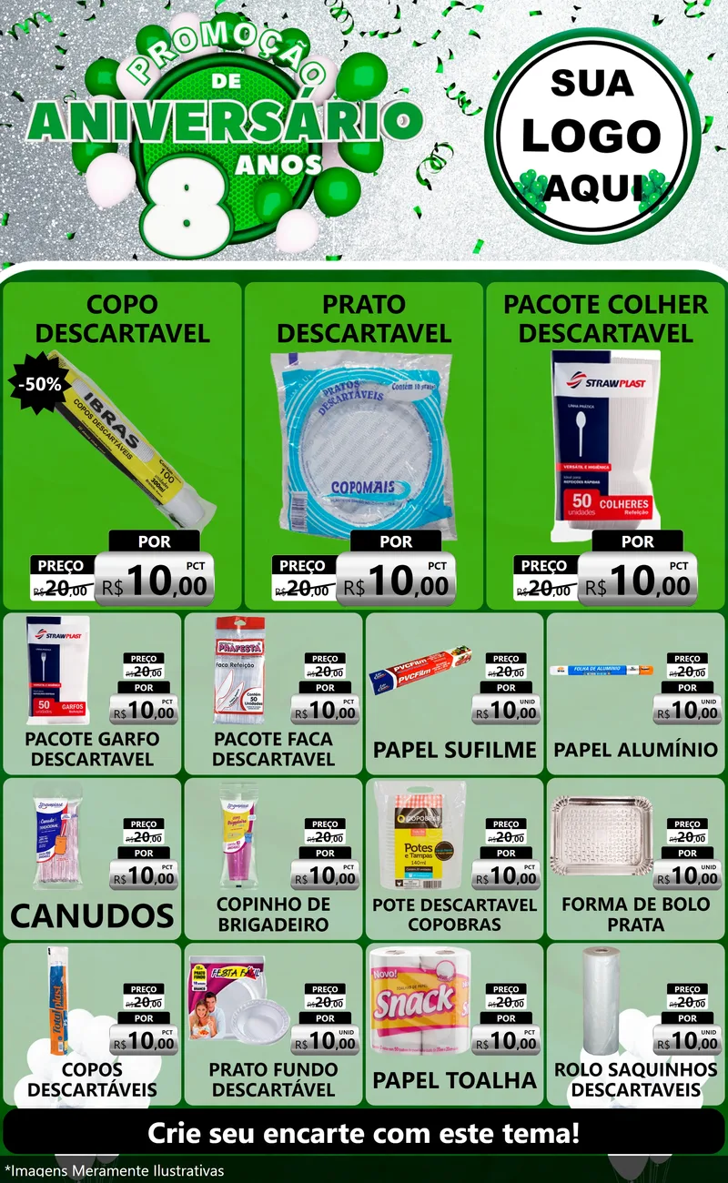 Modelo de Encarte para Encarte Grande com o tema Promoção de Aniversário - 8 Anos para Embalagens