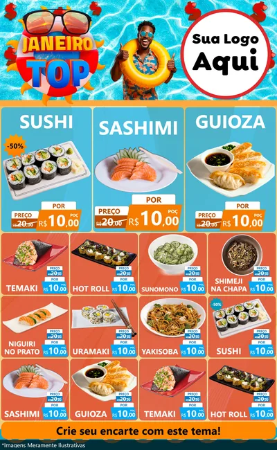 Modelo de Encarte para Encarte Grande com o tema Janeiro Top para Comida japonesa
