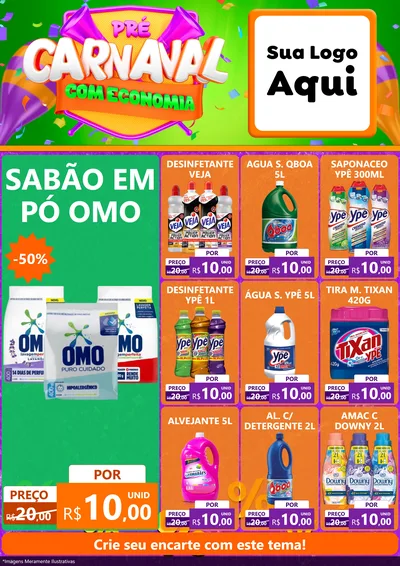 Modelo de Encarte para Encarte A4 Vertical com o tema Pré-Carnaval Com Economia para Produtos de Limpeza