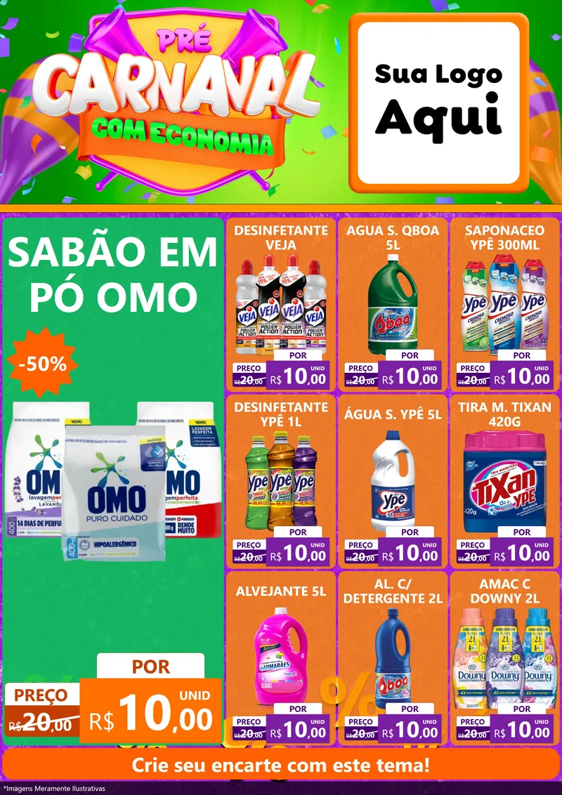 Modelo de Encarte para Encarte A4 Vertical com o tema Pré-Carnaval Com Economia para Produtos de Limpeza